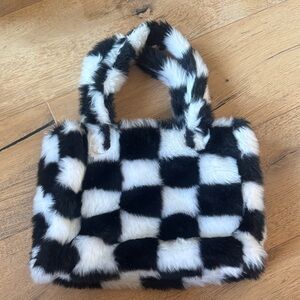Stylish Black and White Checkered Faux Fur Bag